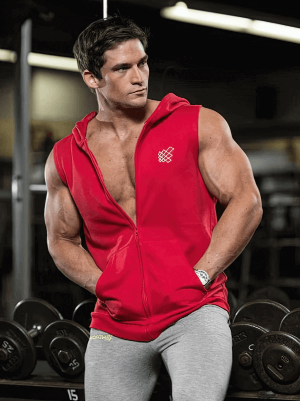 Stylish sporty men's red vest with zipper and hood, perfect for gym or street fashion, featuring O-neck and broadcloth fabric.